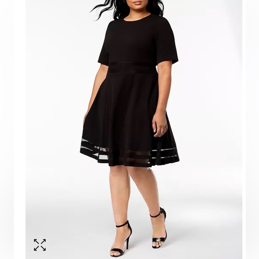 Calvin Klein 18W Black fit & flare dress elbow sleeve illusion plus event cruise